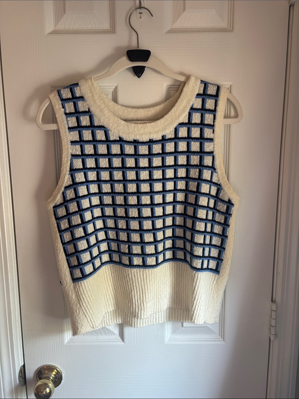 Talbots Cream Tank with Navy Grid Knit